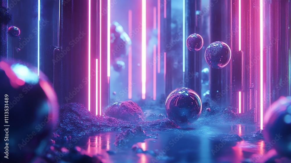Poster abstract 3d rendering with glowing neon lights and reflective orbs.