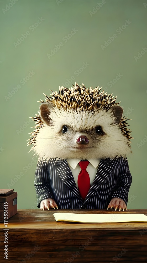 Poster a hedgehog in a striped office suit with a red tie, sitting at a desk with a soft green background a