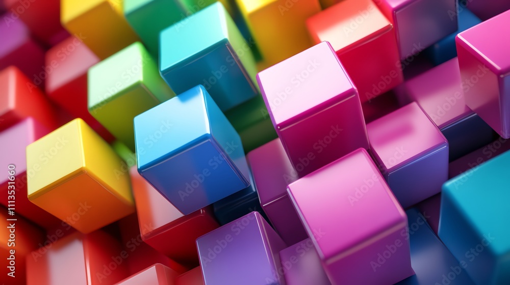Poster colorful blocks stacked in a chaotic pattern.