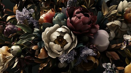 Dark Moody Bouquet Of Exquisite Flowers And Leaves