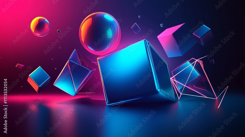 Canvas Prints abstract 3d geometric shapes with glowing neon lights.