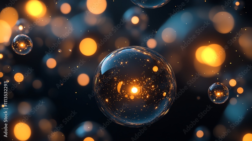 Poster abstract background with glowing bubbles and bokeh lights.