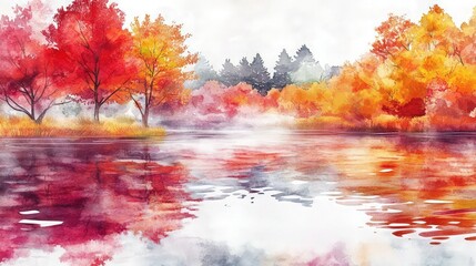 A peaceful watercolor depiction of a tranquil lake surrounded by autumn trees in fiery red, orange, and yellow hues. The water reflects the colorful foliage, with soft ripples enhancing the mood.