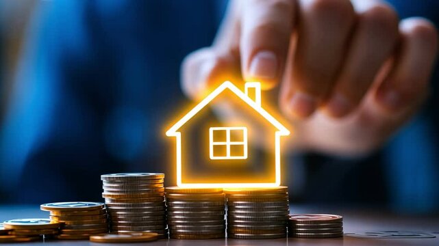 Concept of real estate investment with a glowing house icon placed on a stack of coins representing financial growth.