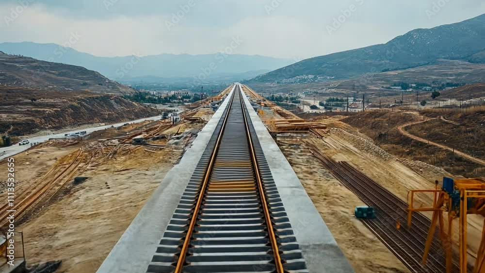 Canvas Prints A modern high-speed railway viaduct under construction, crossing over a valley. Workers secure the rails, and support beams are being finalized.