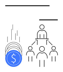 Individual at top leading team of three subordinate figures with falling coins on left. Ideal for business management, finance, leadership, corporate structure, team dynamics, economy, and investment
