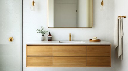 A serene bathroom with a floating wooden vanity
