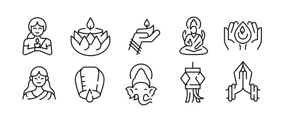 Fototapeta premium Diwali icons. Set of 10 Diwali-themed trendy minimal icons. Example: Diya Lamp, Om, Ganesha, Lotus Flower icon, hands. Design signs for web page, mobile app, packaging design. Vector illustration