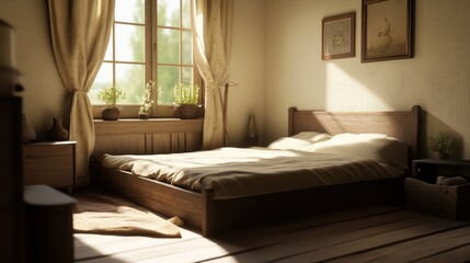 Fototapeta premium Sunlit Bedroom With Wooden Bed And Rustic Decor