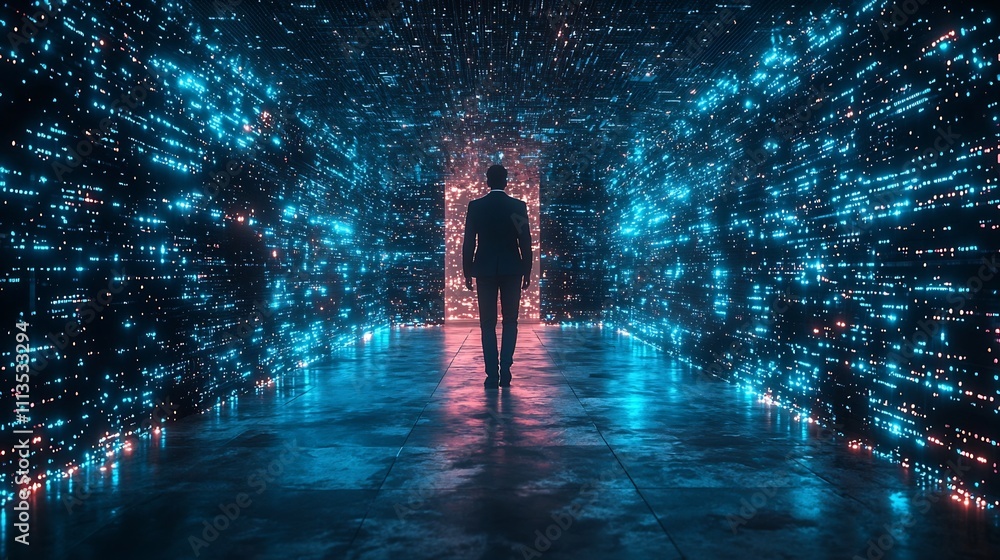 Poster futuristic ceo navigating glowing data streams in high tech office symbolizing innovation and leader