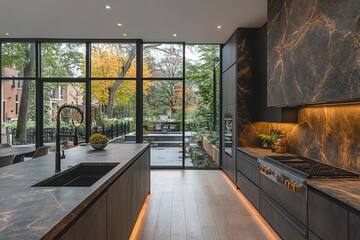 Modern Kitchen Design Featuring Large Windows and Dark Cabinets