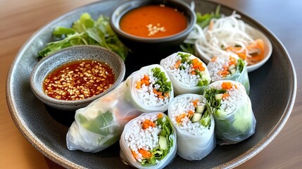 Fresh spring rolls served with dipping sauces and herbs on a black plate at a restaurant during lunch hours