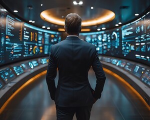 Confident Business Leader Navigates Futuristic Office with Real Time Analytics Dashboard