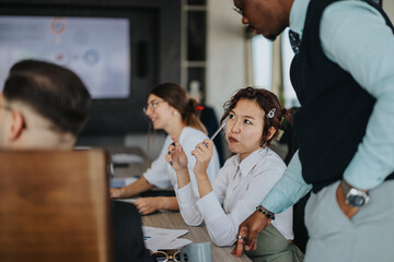A diverse group of business people engaged in a dynamic meeting. They discuss strategies and brainstorm ideas with focus and collaboration in an office environment.