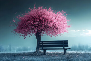 A peaceful spring scene with a vibrant cherry blossom and a lonely bench in nature