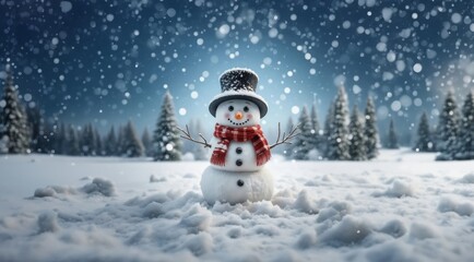 Obraz premium Happy Snowman. Merry christmas and happy new year. Snowman on the snowy winter background.