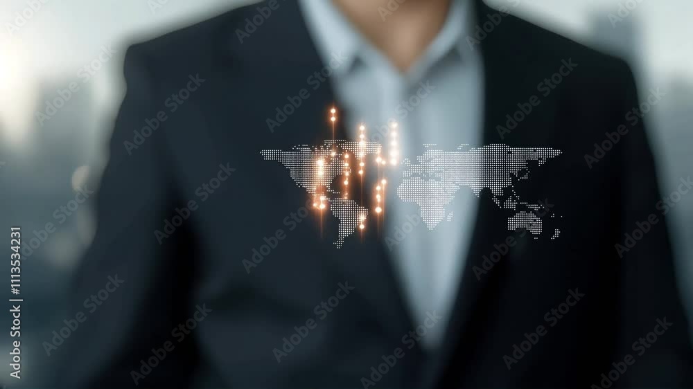 Poster a business professional interacts with a digital globe, highlighting growth and data analytics in a 
