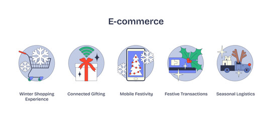 E-commerce icons with winter, gift, and mobile elements in Neubrutalism style, transparent background.