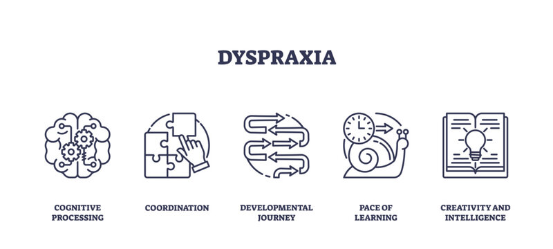 Dyspraxia involves cognitive processing, coordination, and developmental journey, transparent background. Outline icons set.