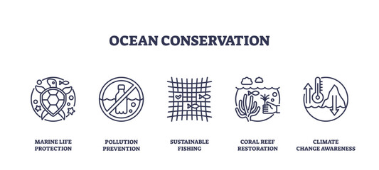 Ocean conservation icons depict marine life, pollution prevention, and coral reef restoration, transparent background. Outline icons set.