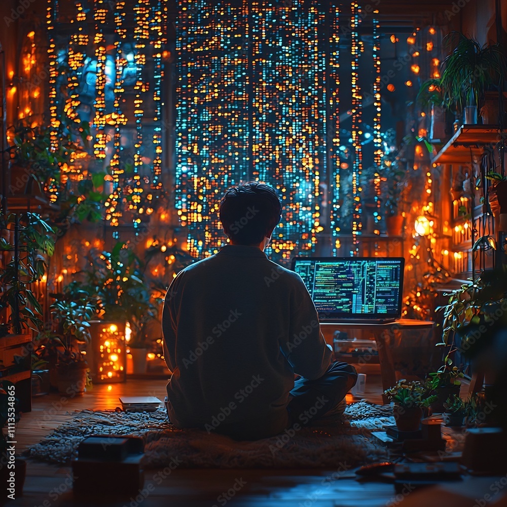 Poster student utilizing holographic virtual tutor for coding lessons in cozy living room