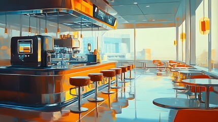 Fototapeta premium Sunlit modern cafe interior with bar, stools, and tables.