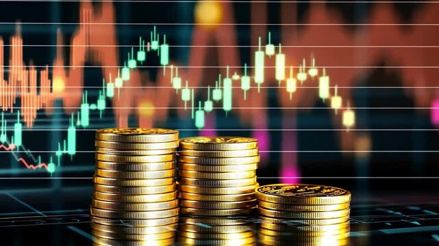 Stacks of coins with a background of financial graphs, representing investment growth and wealth management in a modern market.