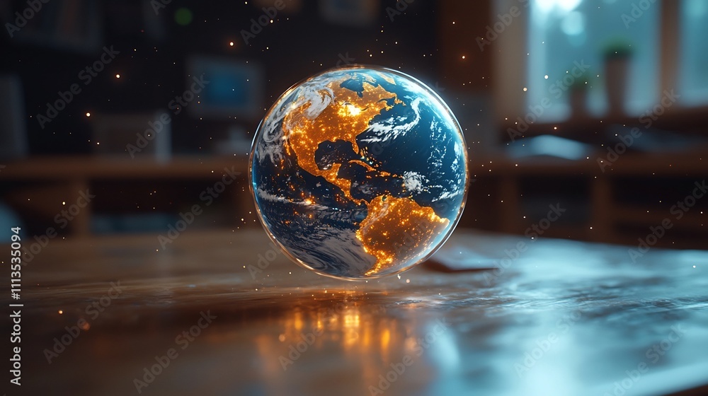Poster holographic globe floating in interactive classroom for immersive geography learning