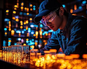 Student Practicing Chemistry in a Virtual Lab Mixing Glowing Digital Elements for Safe Simulated Chemical Reactions EdTech Innovations Concept