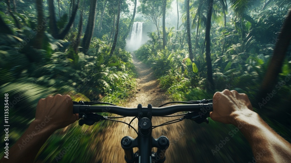 Poster riding a bike through a vibrant forest trail, surrounded by lush greenery and sunlight filtering thr