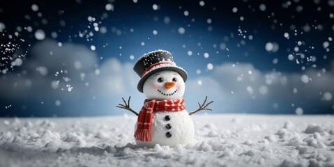 Christmas postcard. Merry christmas and happy new year. Snowman on the snowy winter background. Christmas banner. Winter greeting card.