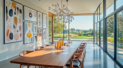 Fototapeta premium A sophisticated dining room with a long