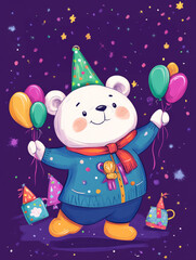 Naklejka premium Charming New Year Illustrations with cuddly bear wearing festive outfits, holding balloons and party hats: Wallpapers, T-shirts, Posters & Decor