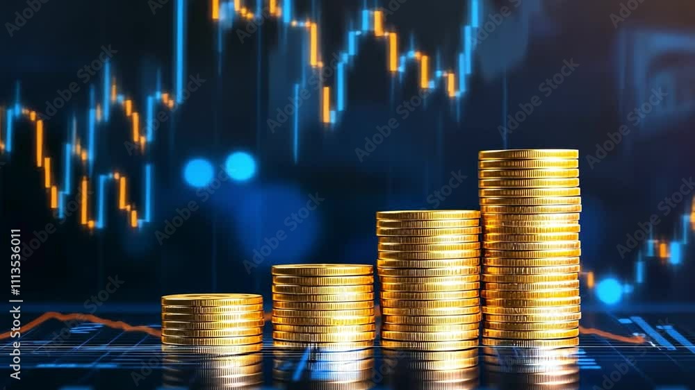 Poster stacks of golden coins representing financial growth and investment against a backdrop of a financia