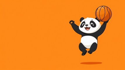 Cute panda bear playing basketball on orange background.