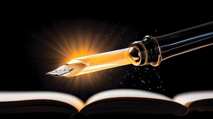 Naklejka premium Glowing Fountain Pen Above Open Book Illuminating Pages