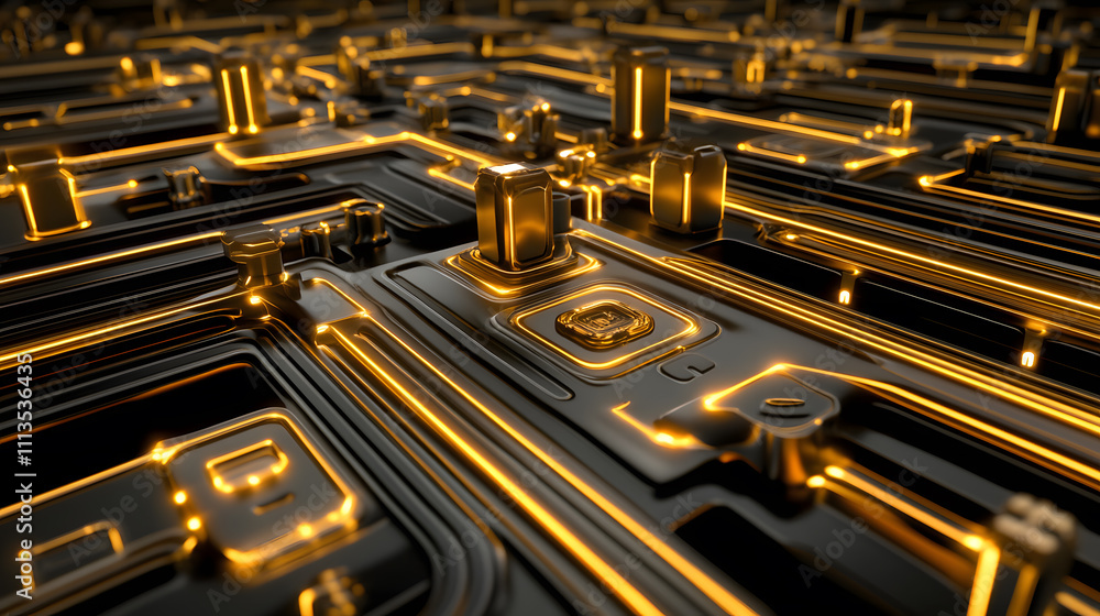 Poster dynamic golden circuitry design digital realm abstract art high-tech environment macro viewpoint fut