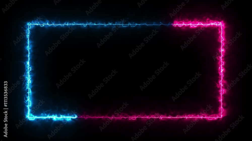 Poster rectangular neon picture frame with dynamic pink and blue light motion, 4k looping overlay.