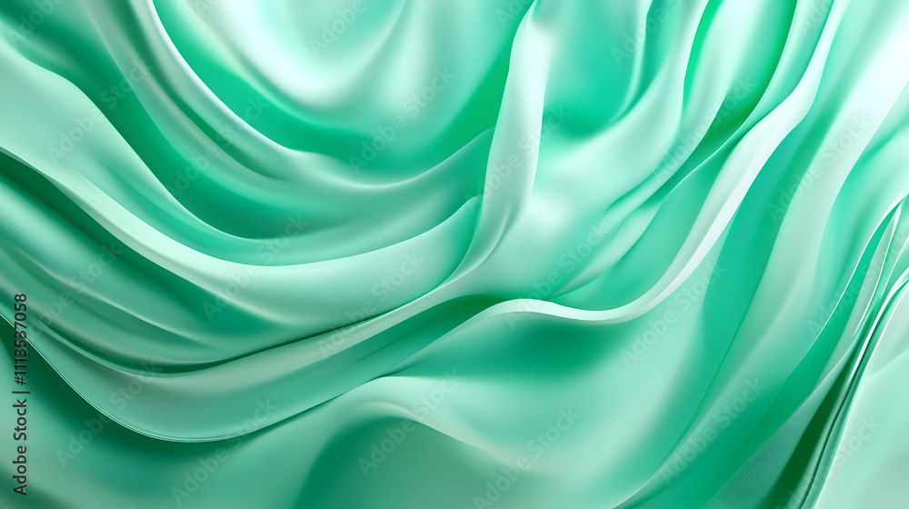 Poster dynamic flow of soft green satin fabric studio setting textiles close-up view elegance and comfort