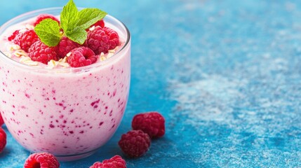 Delicious raspberry smoothie topped with fresh raspberries and mint, set on a bright blue surface,...