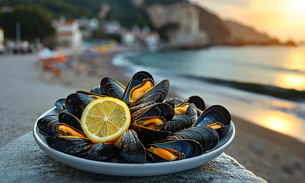 A plate of mussels garnished with lemon, set against a scenic beach sunset.