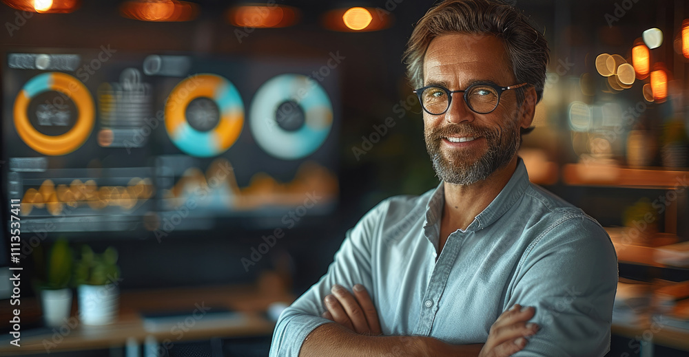 Poster A confident, smiling entrepreneur standing in front of a glowing holographic display showing positive business metrics, including rising graphs and financial growth analytics.