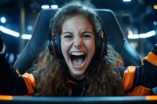 Excitement fills the air as a young gamer celebrates victory during an intense esports event in a lively arena
