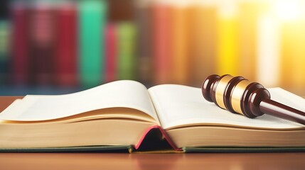 Gavel rests on open legal textbook beside colorful books