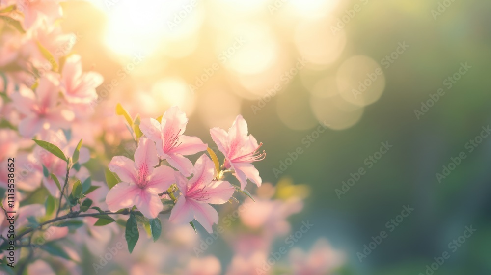 Poster delicate pink azalea flowers open under soft sunlight, creating a serene and tranquil atmosphere in 