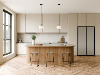 Modern contemporary kitchen with Elegant Design, stylish island and warm wood accents. 3d render.