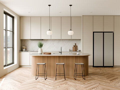 Modern contemporary kitchen with Elegant Design, stylish island and warm wood accents. 3d render.