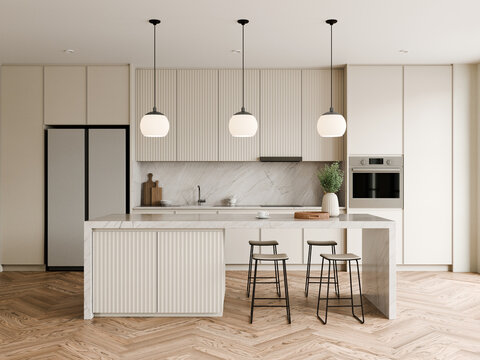 White modern Kitchen with large island, stylish elegant pendant lighting. 3d render.