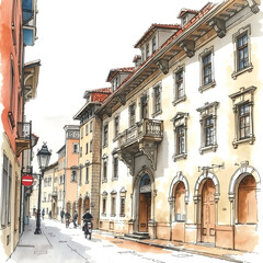 Obraz premium arafed drawing of a street scene with a person walking down the street