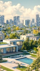 Modern residential area with greenery and city skyline backdrop.